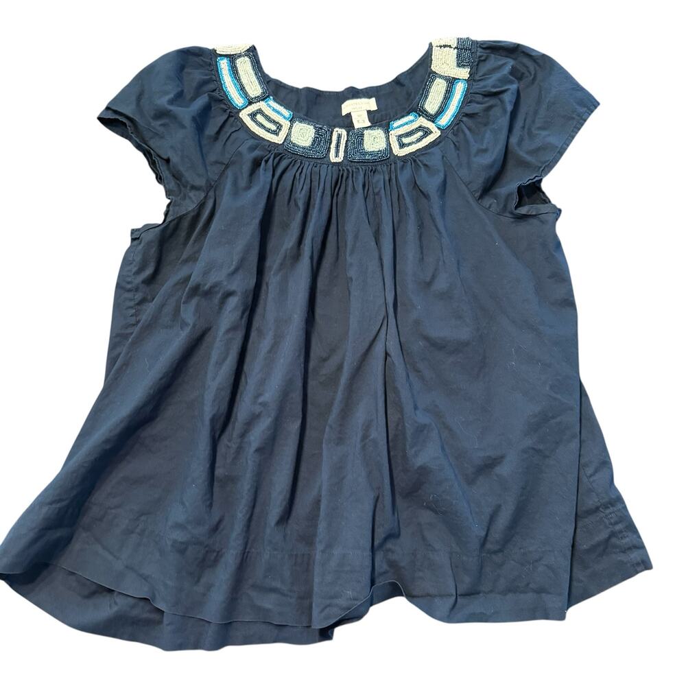 Charter Club Women’s petite navy blue cotton blouse with beaded neckline, 10P